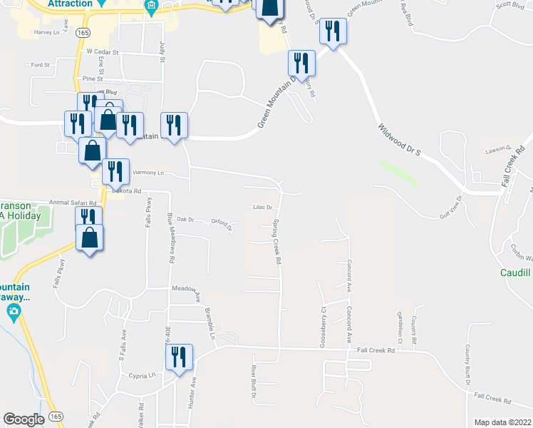 map of restaurants, bars, coffee shops, grocery stores, and more near 147 Lilac Drive in Branson