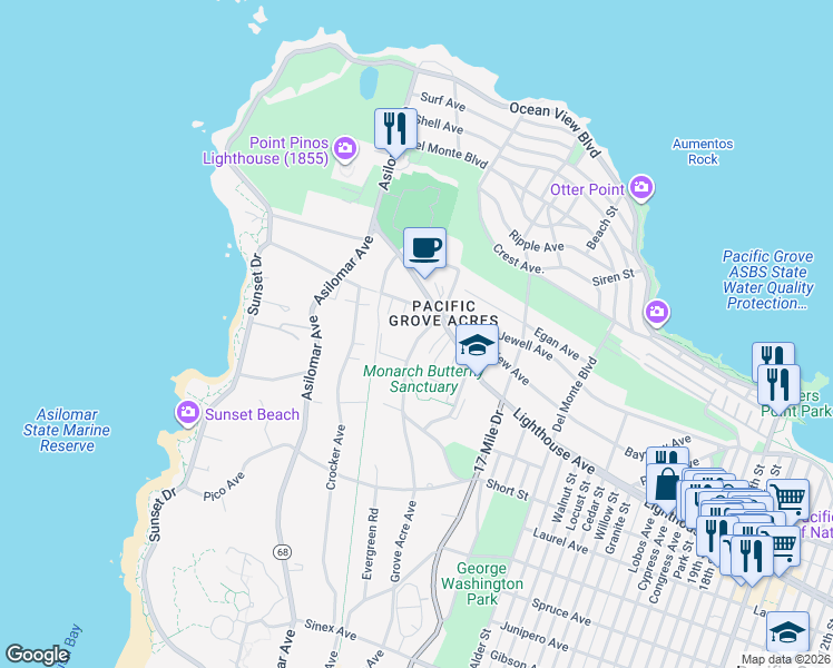 map of restaurants, bars, coffee shops, grocery stores, and more near 1101 Lighthouse Avenue in Pacific Grove