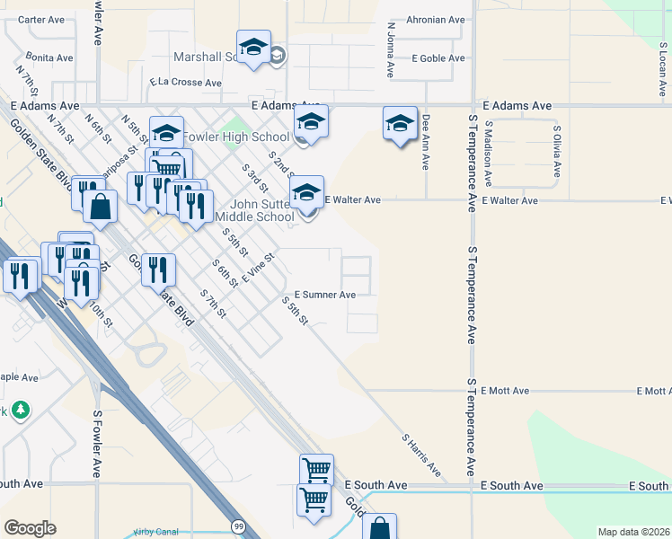 map of restaurants, bars, coffee shops, grocery stores, and more near 840 Laker Lane in Fowler