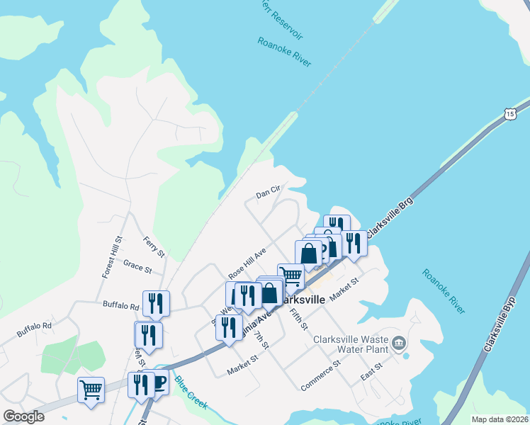 map of restaurants, bars, coffee shops, grocery stores, and more near 1-13 4th Street in Clarksville