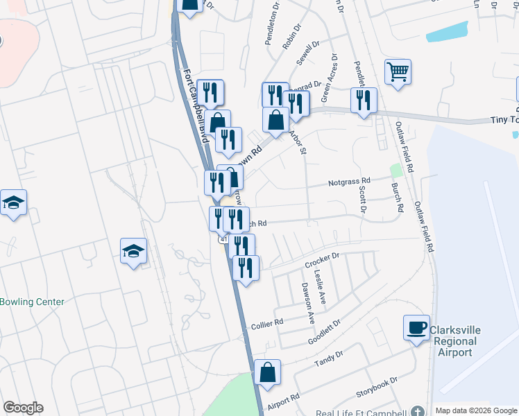 map of restaurants, bars, coffee shops, grocery stores, and more near 219 King Road in Clarksville