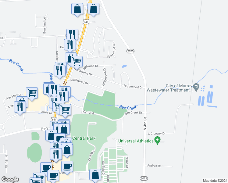 map of restaurants, bars, coffee shops, grocery stores, and more near 820 Southwood Drive in Murray