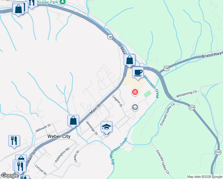 map of restaurants, bars, coffee shops, grocery stores, and more near State Route 1122 in Weber City
