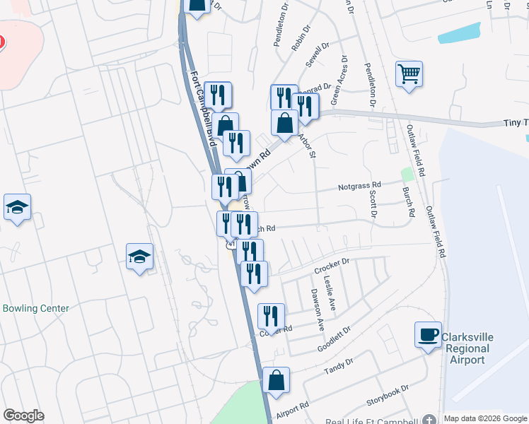map of restaurants, bars, coffee shops, grocery stores, and more near 203 King Road in Clarksville