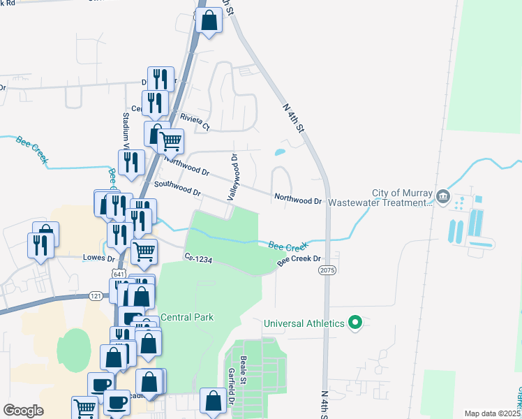 map of restaurants, bars, coffee shops, grocery stores, and more near 820 Southwood Drive in Murray