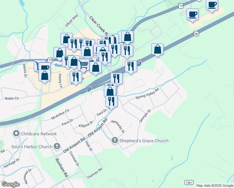 map of restaurants, bars, coffee shops, grocery stores, and more near 1003 Old Airport Road in Bristol