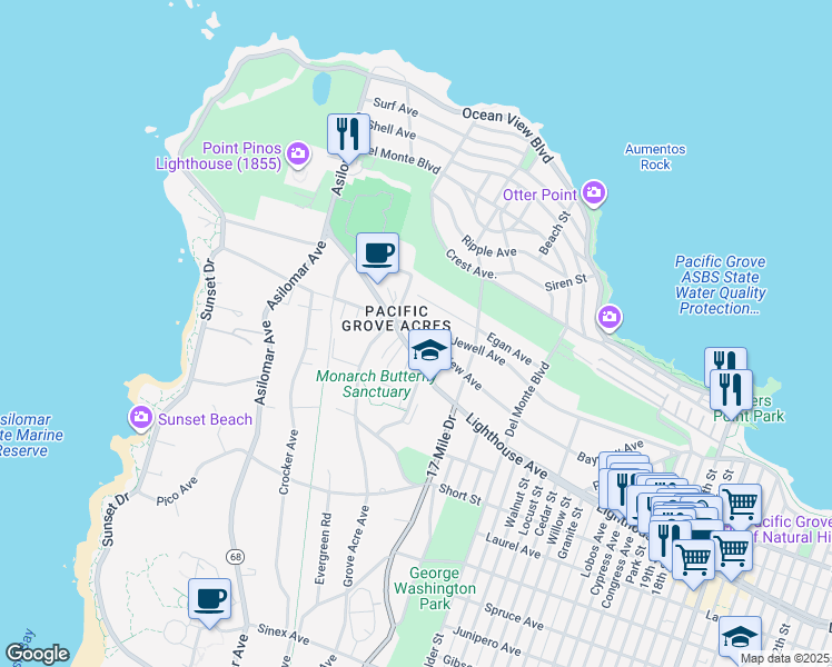 map of restaurants, bars, coffee shops, grocery stores, and more near 1069 Jewell Avenue in Pacific Grove