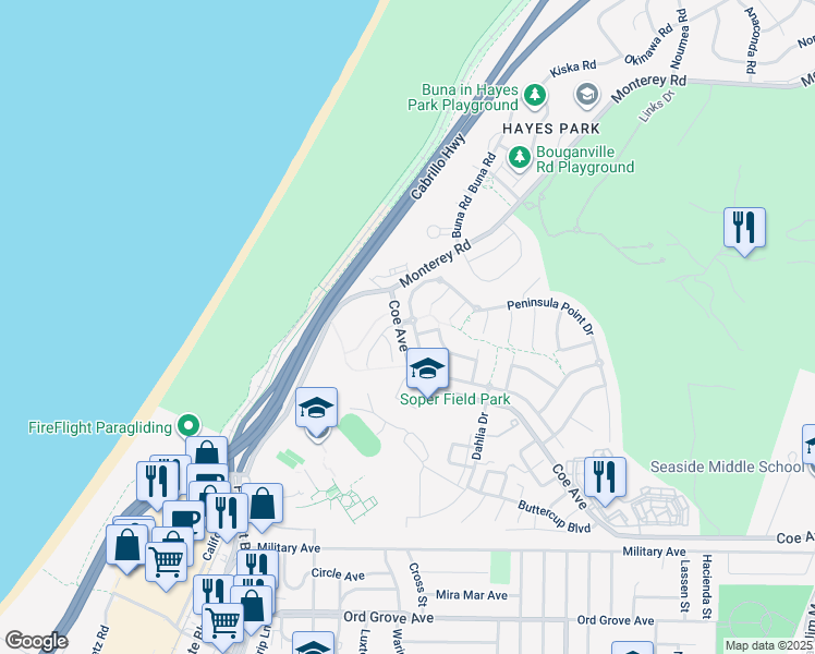 map of restaurants, bars, coffee shops, grocery stores, and more near 15 Peninsula Point Drive in Seaside