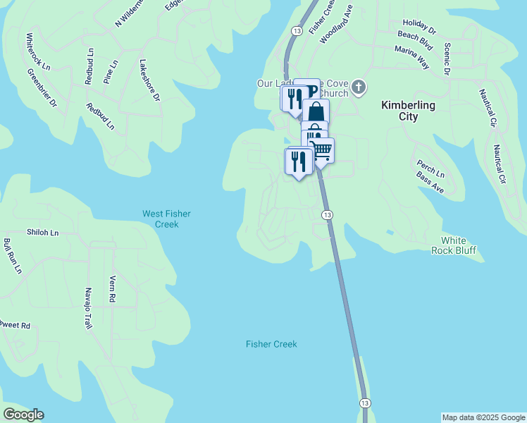 map of restaurants, bars, coffee shops, grocery stores, and more near 281 Anchors Point Lane in Kimberling City