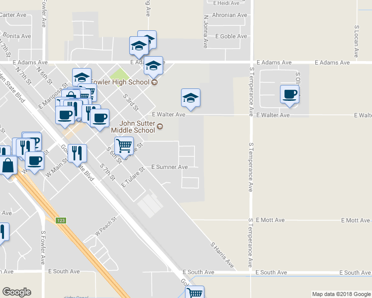 map of restaurants, bars, coffee shops, grocery stores, and more near 1520 Jameson Drive in Fowler