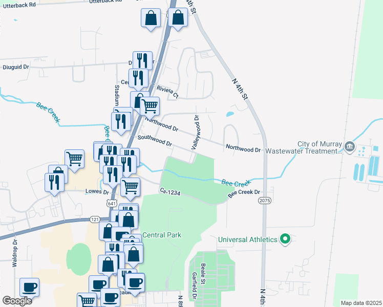 map of restaurants, bars, coffee shops, grocery stores, and more near 1003 Southwood Drive in Murray