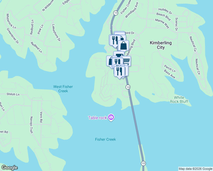 map of restaurants, bars, coffee shops, grocery stores, and more near 247 Anchors Point Lane in Kimberling City