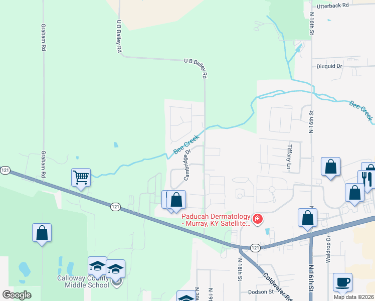 map of restaurants, bars, coffee shops, grocery stores, and more near 88 Cambridge Drive in Murray