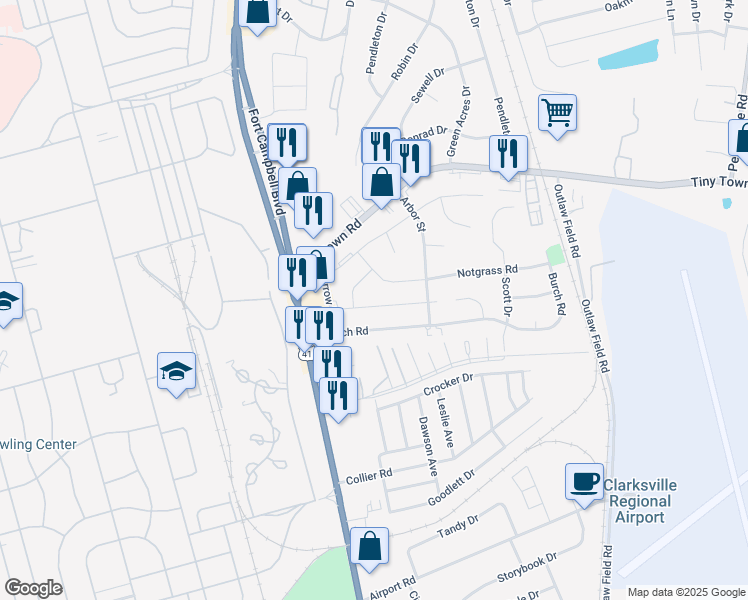 map of restaurants, bars, coffee shops, grocery stores, and more near 219 King Road in Clarksville