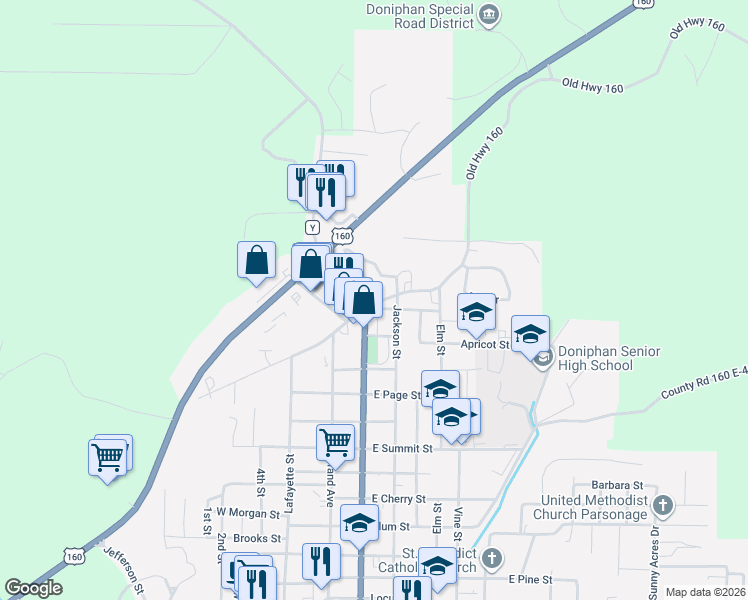 map of restaurants, bars, coffee shops, grocery stores, and more near 1307 Walnut Street in Doniphan