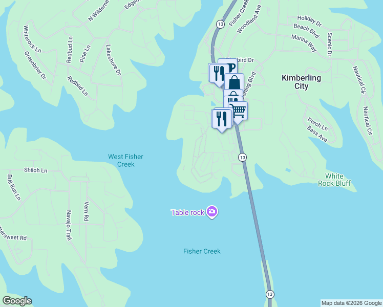 map of restaurants, bars, coffee shops, grocery stores, and more near 281 Anchors Point Lane in Kimberling City