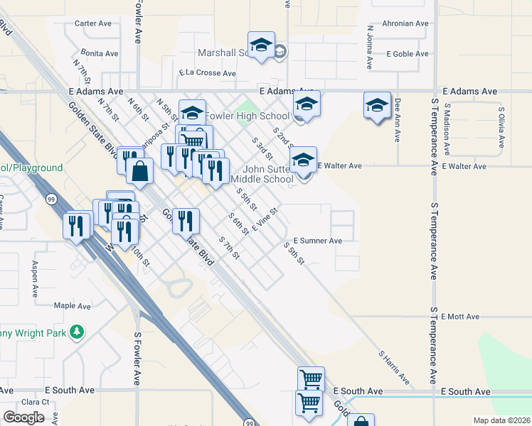 map of restaurants, bars, coffee shops, grocery stores, and more near 333 South 5th Street in Fowler
