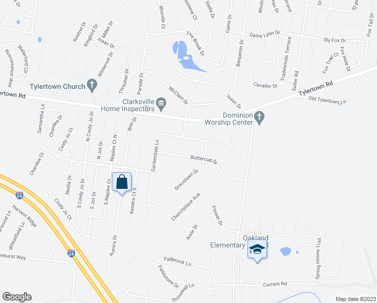 map of restaurants, bars, coffee shops, grocery stores, and more near 679 Buttercup Drive in Clarksville
