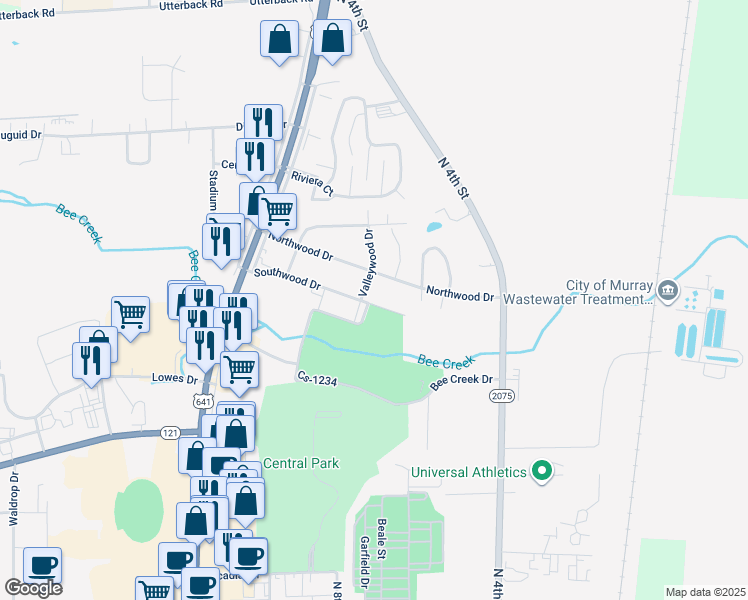 map of restaurants, bars, coffee shops, grocery stores, and more near 1003 Southwood Drive in Murray