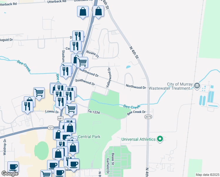 map of restaurants, bars, coffee shops, grocery stores, and more near 1003 Southwood Drive in Murray