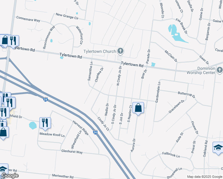 map of restaurants, bars, coffee shops, grocery stores, and more near 3765 Nadia Court in Clarksville