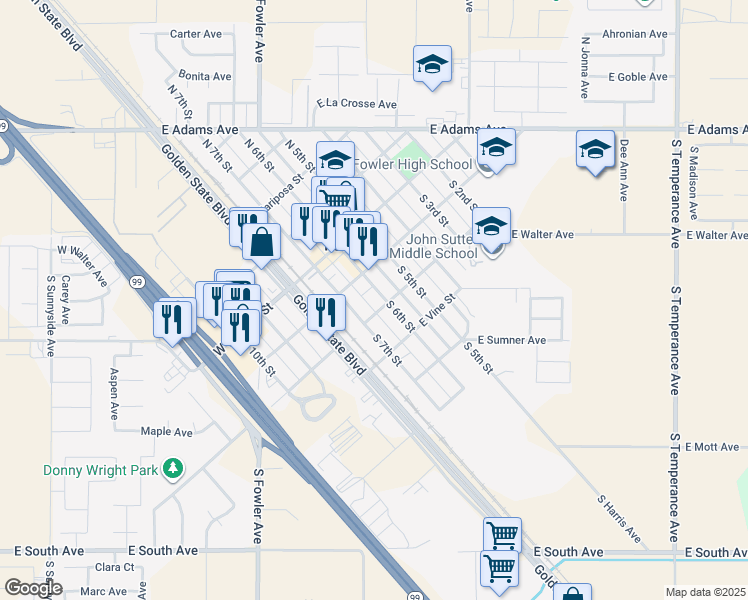 map of restaurants, bars, coffee shops, grocery stores, and more near 224 South 6th Street in Fowler