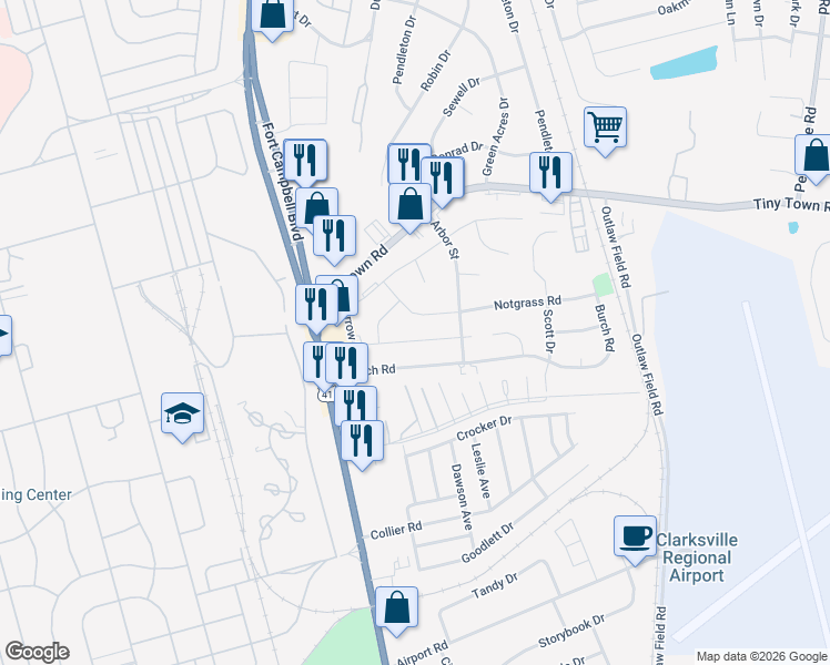 map of restaurants, bars, coffee shops, grocery stores, and more near 219 King Road in Clarksville
