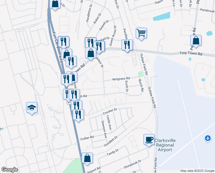 map of restaurants, bars, coffee shops, grocery stores, and more near 2616 Shaub Court in Clarksville
