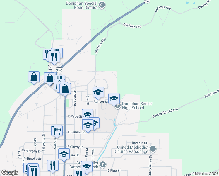 map of restaurants, bars, coffee shops, grocery stores, and more near 21 Fox Drive in Doniphan