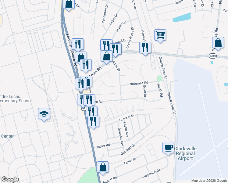 map of restaurants, bars, coffee shops, grocery stores, and more near 235 King Road in Clarksville