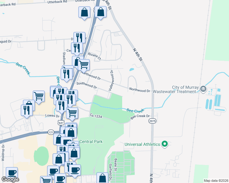 map of restaurants, bars, coffee shops, grocery stores, and more near 906 Southwood Drive in Murray