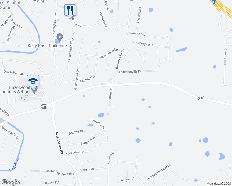 map of restaurants, bars, coffee shops, grocery stores, and more near 3285 Tower Drive in Clarksville