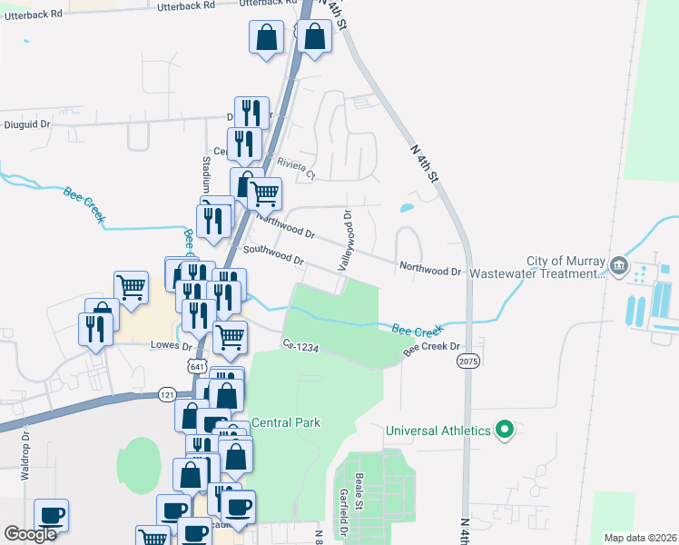map of restaurants, bars, coffee shops, grocery stores, and more near 1003 Southwood Drive in Murray