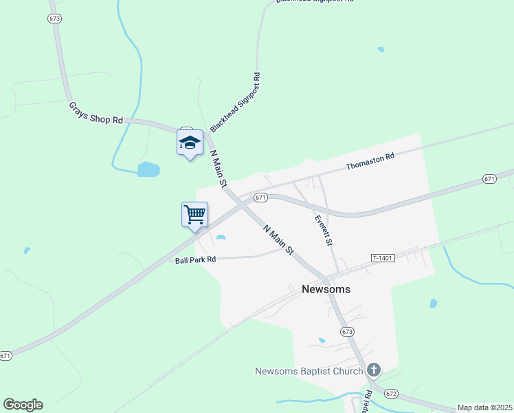 map of restaurants, bars, coffee shops, grocery stores, and more near 28727 North Main Street in Newsoms