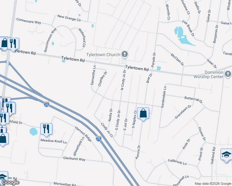 map of restaurants, bars, coffee shops, grocery stores, and more near 3765 Nadia Court in Clarksville