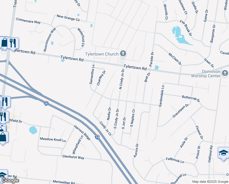 map of restaurants, bars, coffee shops, grocery stores, and more near 3769 Nadia Court in Clarksville