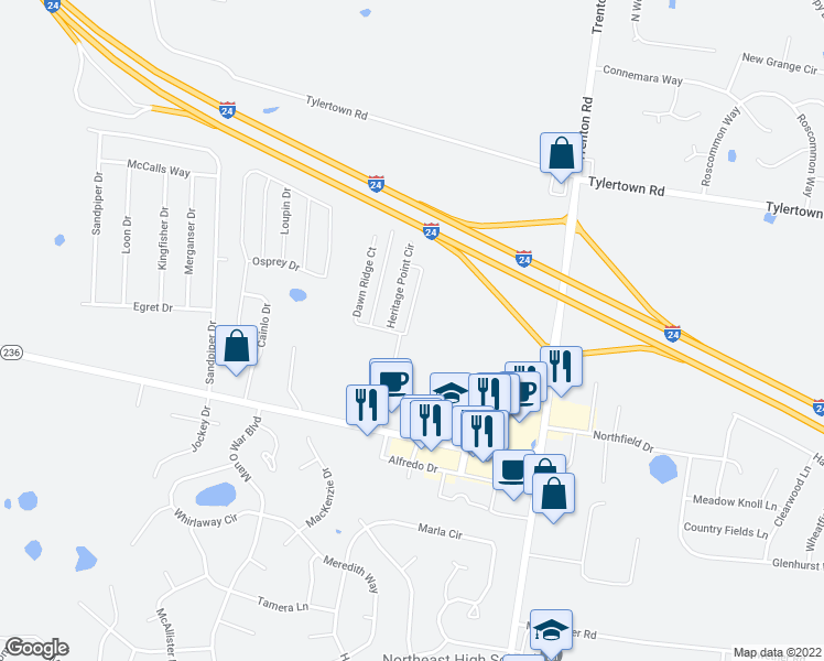 map of restaurants, bars, coffee shops, grocery stores, and more near 600 Abby Creek Drive in Clarksville