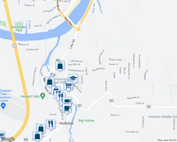 map of restaurants, bars, coffee shops, grocery stores, and more near 485 Presbyterian Street in Hollister