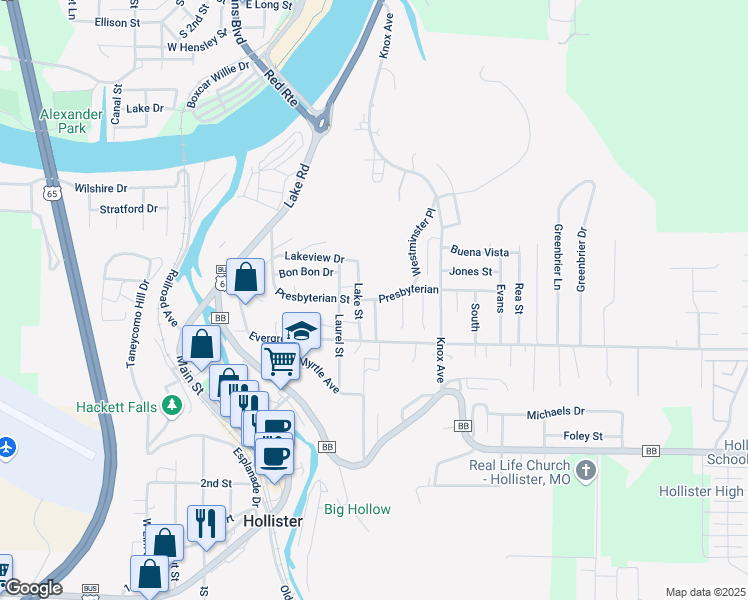 map of restaurants, bars, coffee shops, grocery stores, and more near 495 Presbyterian Street in Hollister