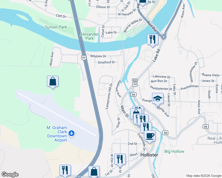 map of restaurants, bars, coffee shops, grocery stores, and more near 480 Taneycomo Hill Drive in Hollister