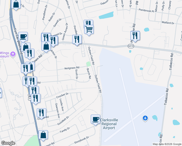 map of restaurants, bars, coffee shops, grocery stores, and more near 418 Burch Road in Clarksville