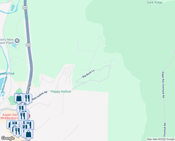map of restaurants, bars, coffee shops, grocery stores, and more near Happy Hollow Road in Middlesboro