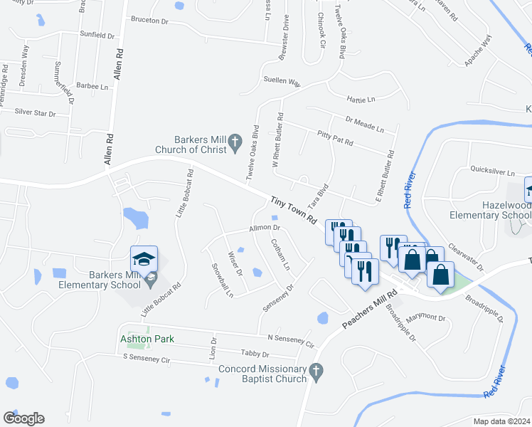 map of restaurants, bars, coffee shops, grocery stores, and more near 1309 Allmon Drive in Clarksville