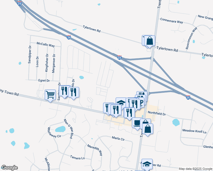 map of restaurants, bars, coffee shops, grocery stores, and more near 600 Heritage Point Circle in Clarksville