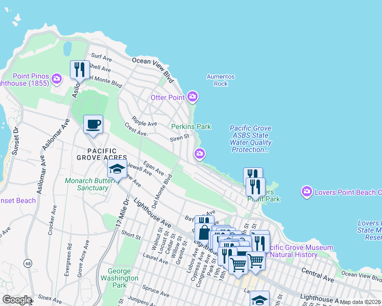 map of restaurants, bars, coffee shops, grocery stores, and more near 847 Ocean View Boulevard in Pacific Grove