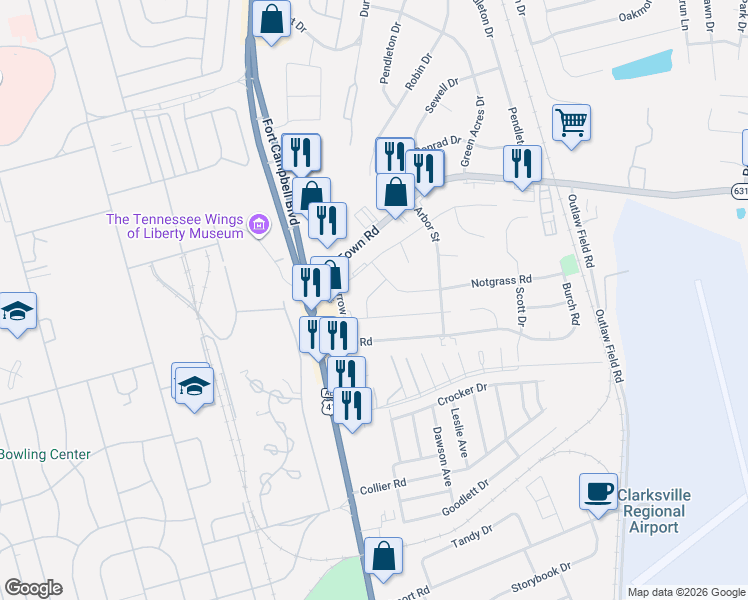 map of restaurants, bars, coffee shops, grocery stores, and more near 219 King Road in Clarksville