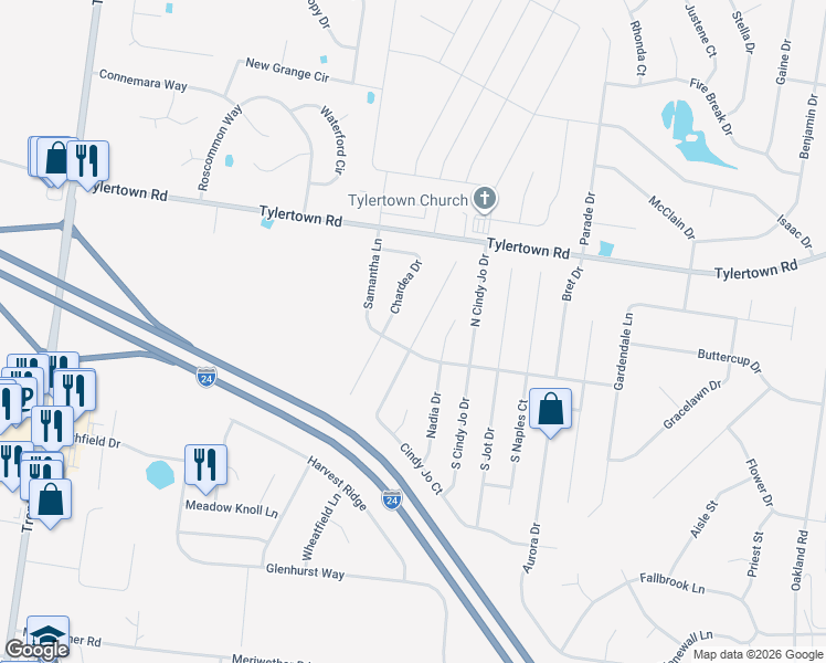 map of restaurants, bars, coffee shops, grocery stores, and more near 1020 Cindy Jo Court in Clarksville