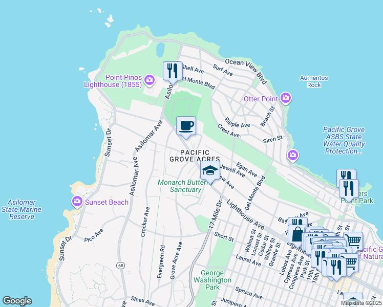 map of restaurants, bars, coffee shops, grocery stores, and more near Lighthouse Ave & Jewell Ave in Pacific Grove