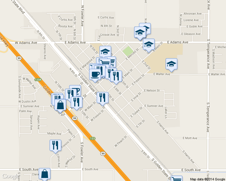 map of restaurants, bars, coffee shops, grocery stores, and more near 224 South 6th Street in Fowler