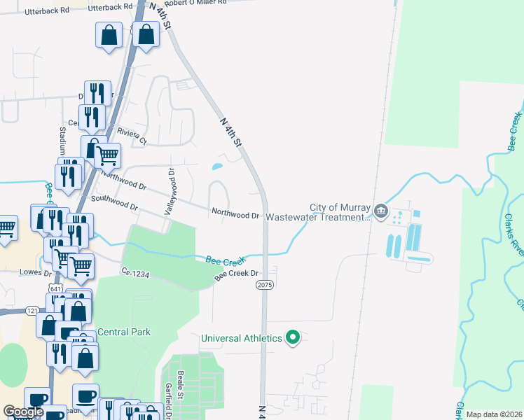 map of restaurants, bars, coffee shops, grocery stores, and more near 407 Northwood Drive in Murray